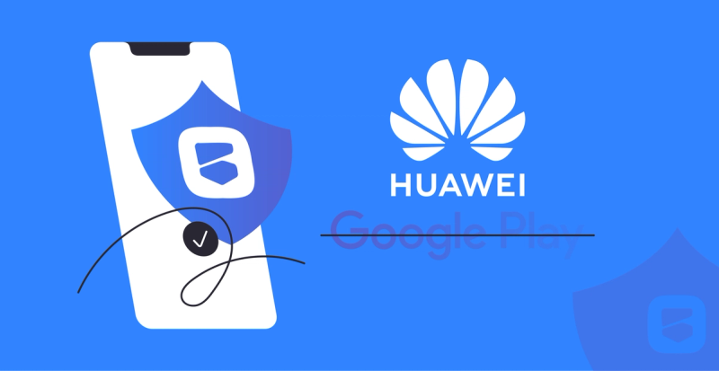 Смартфон под защитой VPN, логотип Huawei и зачеркнутый логотип Google Play